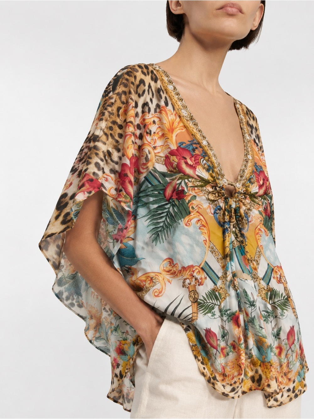 Camilla silk Embellished Leopard V-Neck crystals Atlantis shirred cheetah luxury